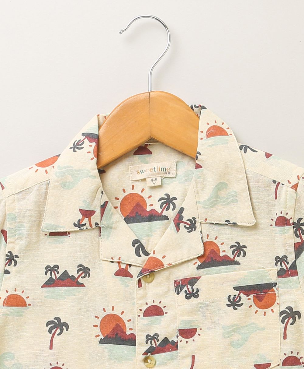 Palm Trees and Sunset Print Cotton Linen Shirt - Beige