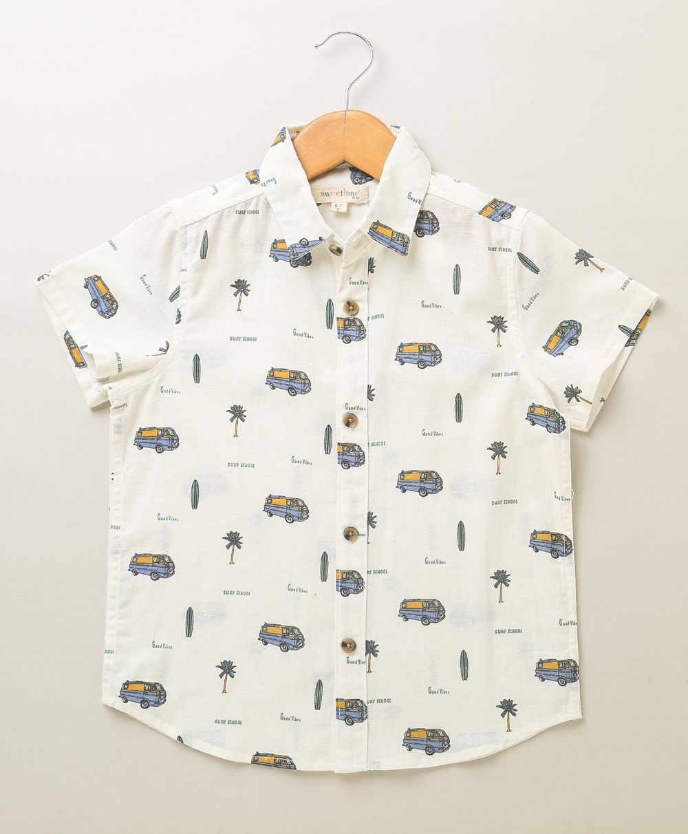 Surf School Print Cotton Linen Shirt - White