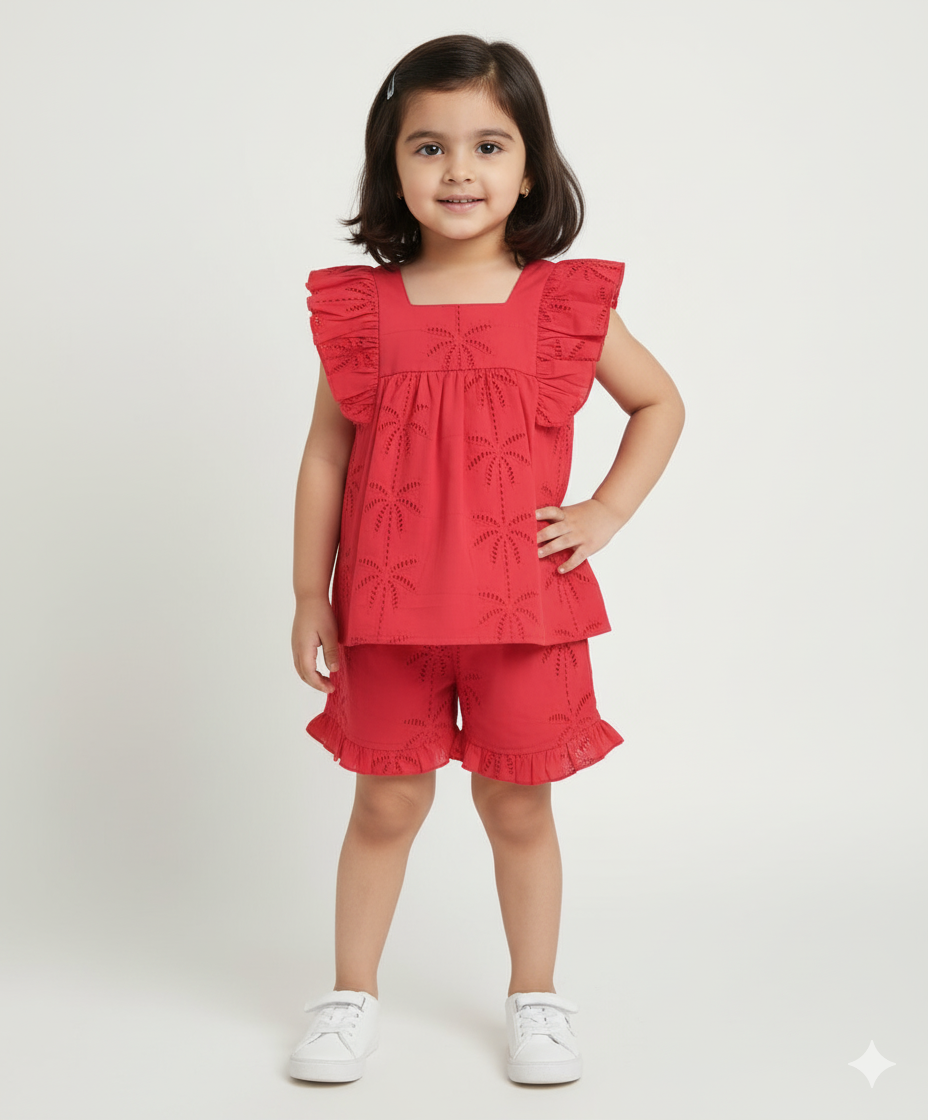 Palm Breeze Eyelet Co-ord Set - Bright Red