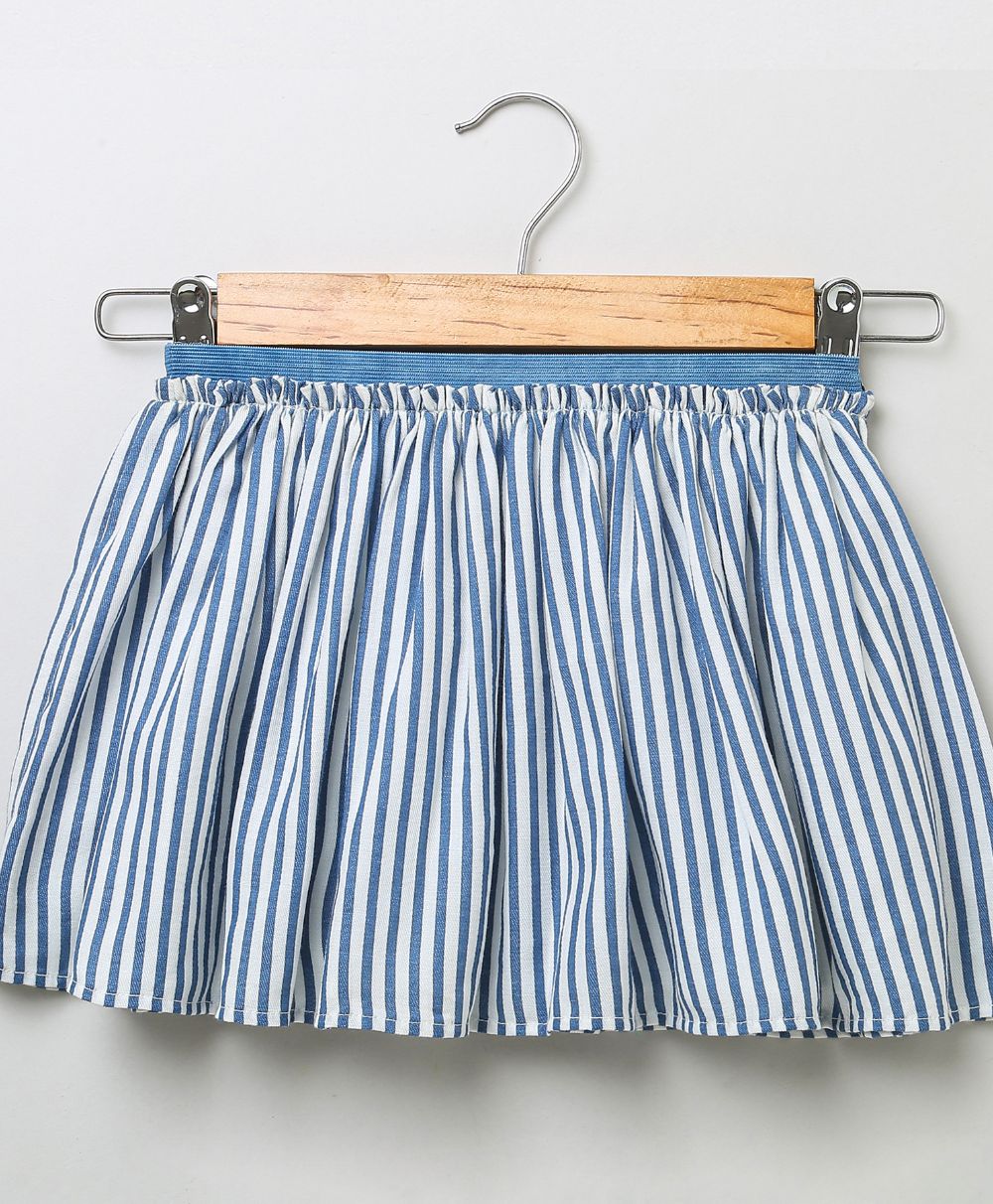 Striped Skirt with Rabbit Patch Embroidery - Blue & White