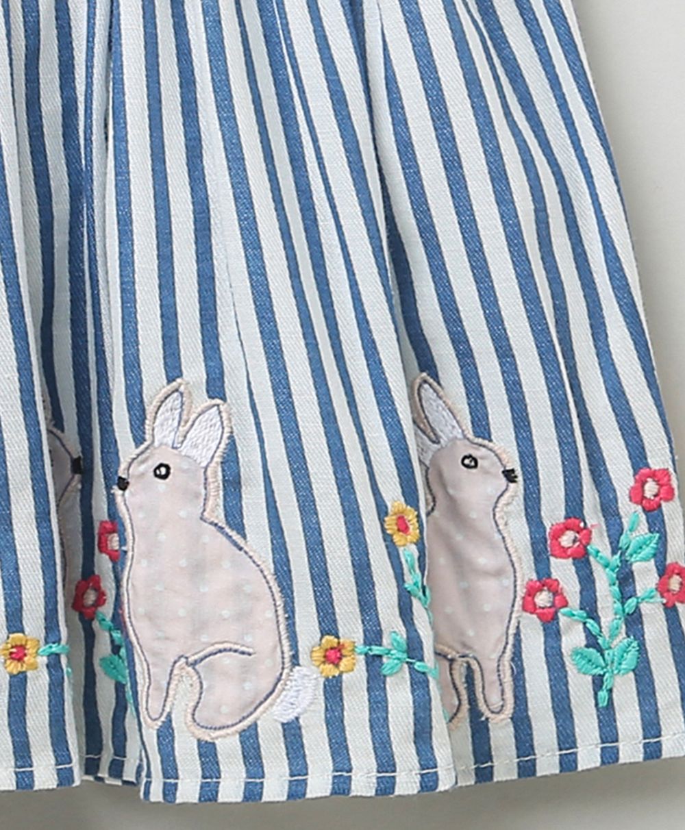 Striped Skirt with Rabbit Patch Embroidery - Blue & White