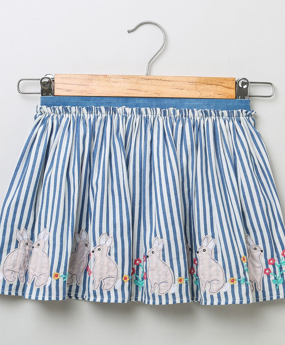 Striped Skirt with Rabbit Patch Embroidery - Blue & White
