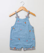 Baby Girls' Floral Embroidered Cotton Denim Romper - Blue