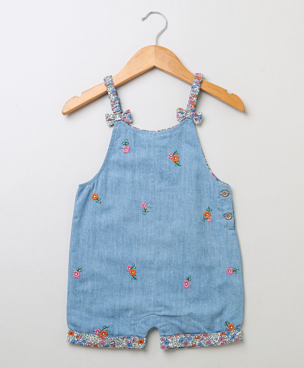 Baby Girls' Floral Embroidered Cotton Denim Romper - Blue