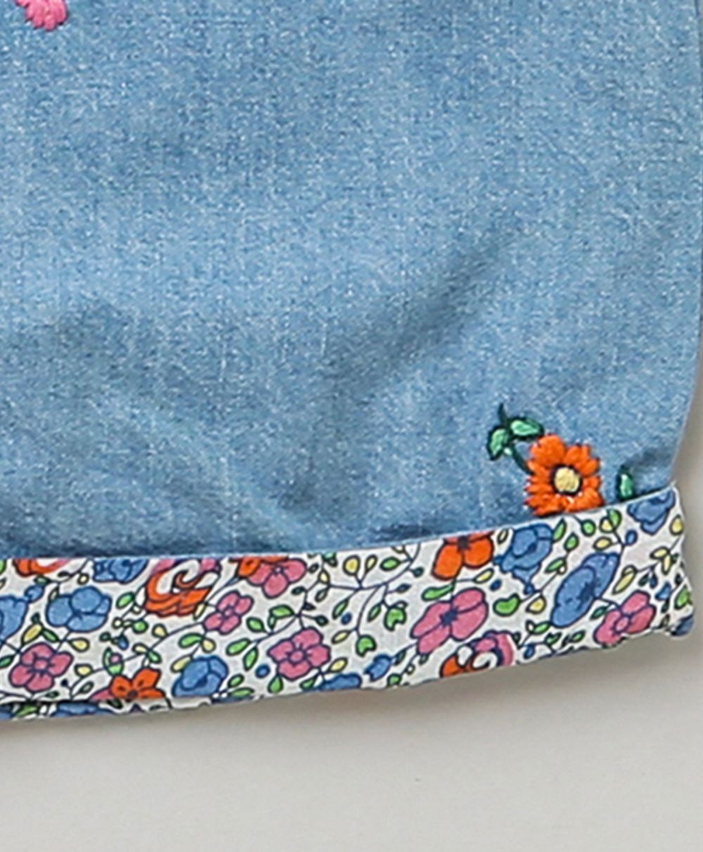 Baby Girls' Floral Embroidered Cotton Denim Romper - Blue