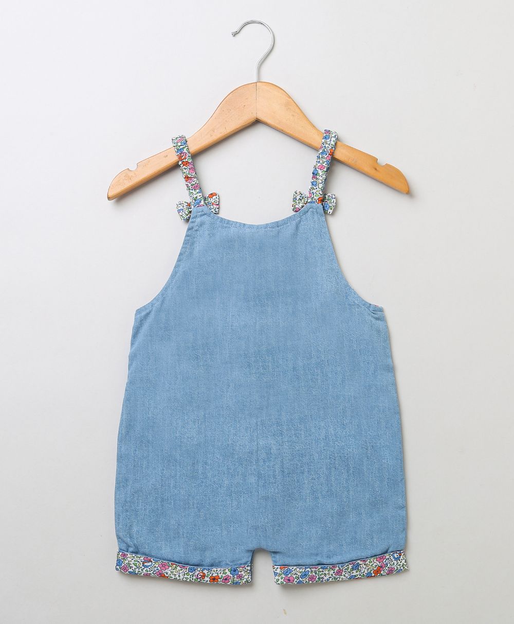 Baby Girls' Floral Embroidered Cotton Denim Romper - Blue