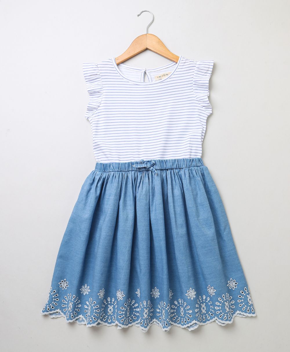 Blueford Schiffli Indigo Embroidered Dress - Grey & Blue