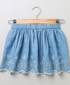 Striped T-shirt & Schiffly Embroidery Denim Skirt - Multicoloured & Blue