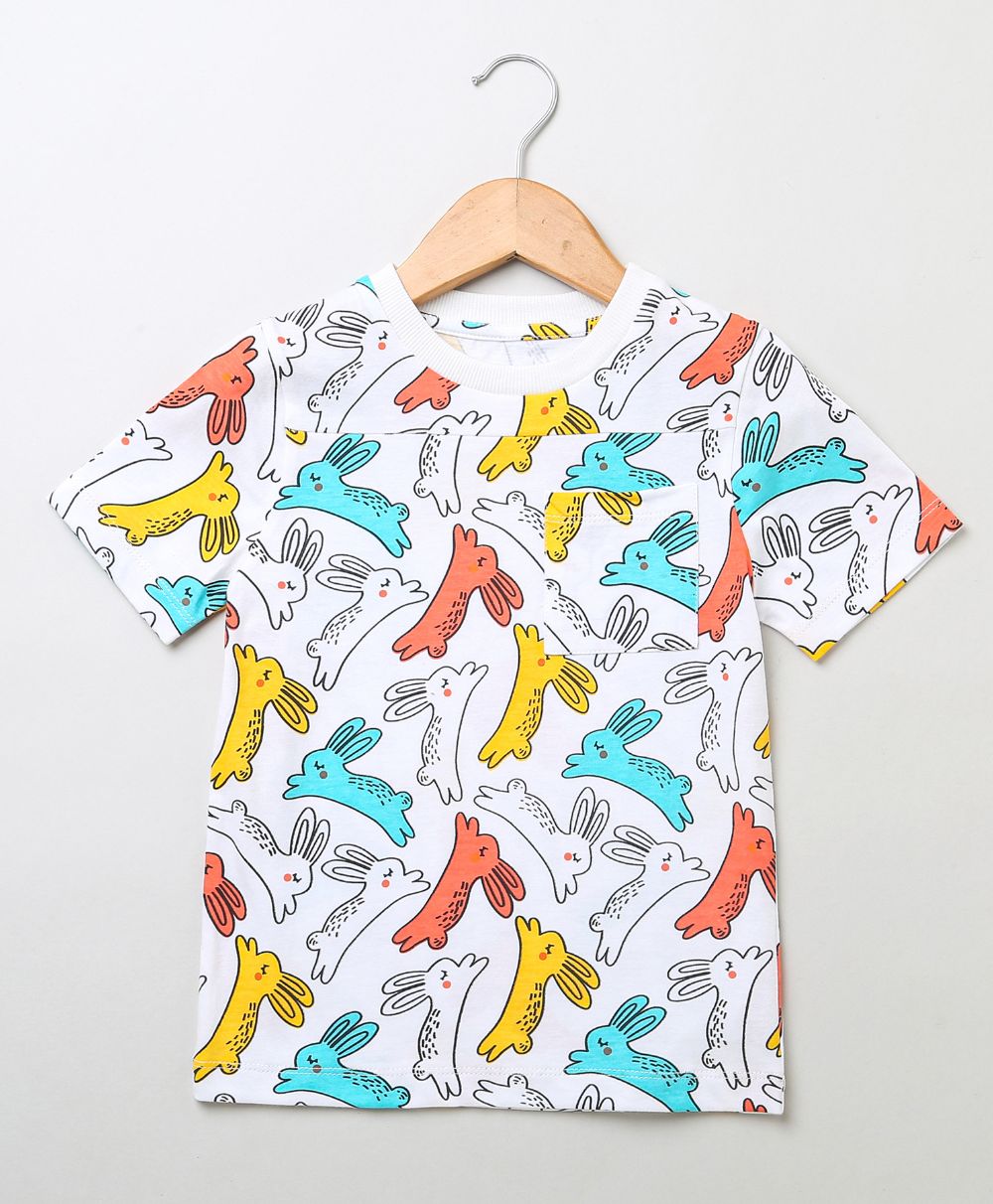 Multicolored Printed Rabbit Print Unisex T-shirt - White