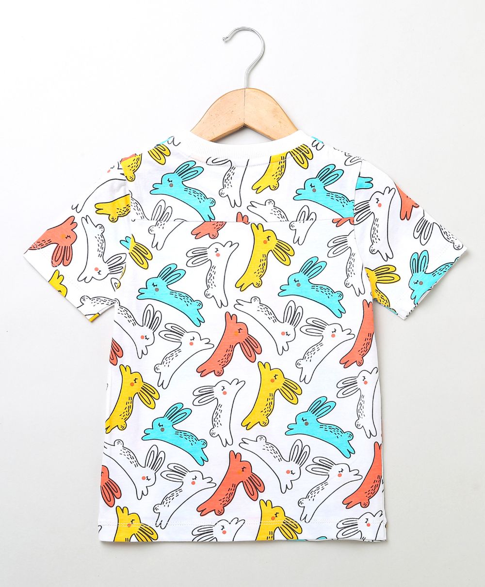 Multicolored Printed Rabbit Print Unisex T-shirt - White
