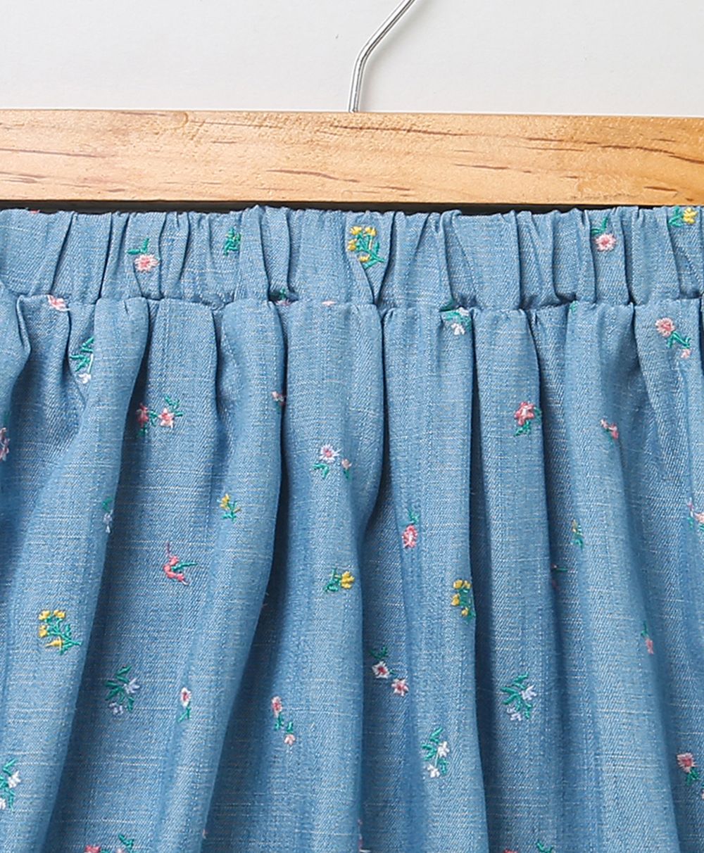 Striped T-shirt & All-over Floral Embroidery Denim Skirt - Multicolored & Blue