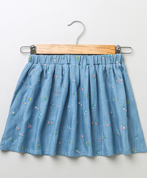 All-over Floral Embroidery Denim Skirt - Blue