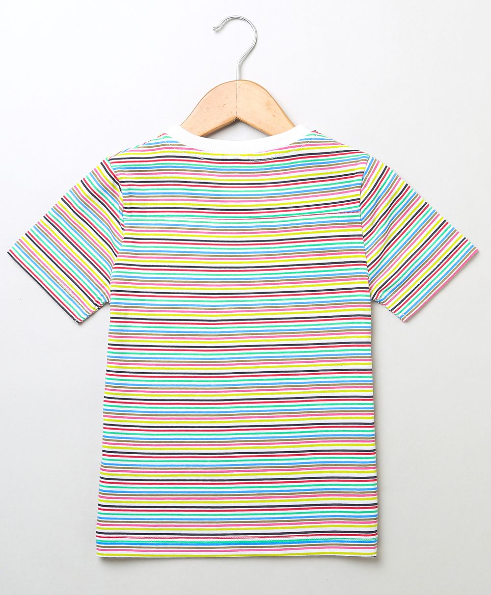 Striped T-shirt & All-over Floral Embroidery Denim Skirt - Multicolored & Blue
