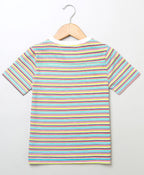 Striped T-shirt & All-over Floral Embroidery Denim Skirt - Multicolored & Blue