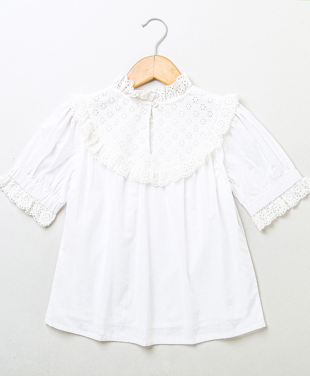 Ruffled Blouse & Striped Skirt - White & Peach