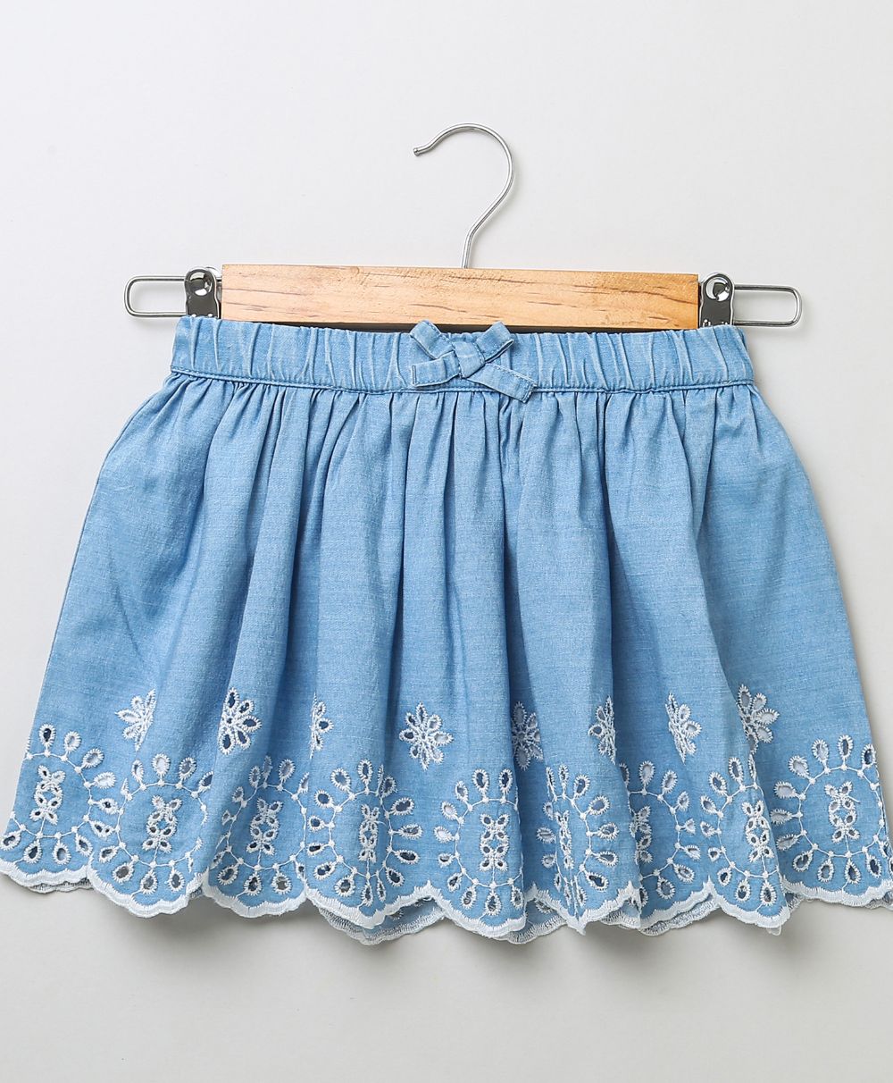 Schiffly Embroidery Denim Skirt - Blue