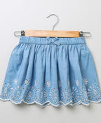 Striped T-shirt & Schiffly Embroidery Denim Skirt - Multicoloured & Blue