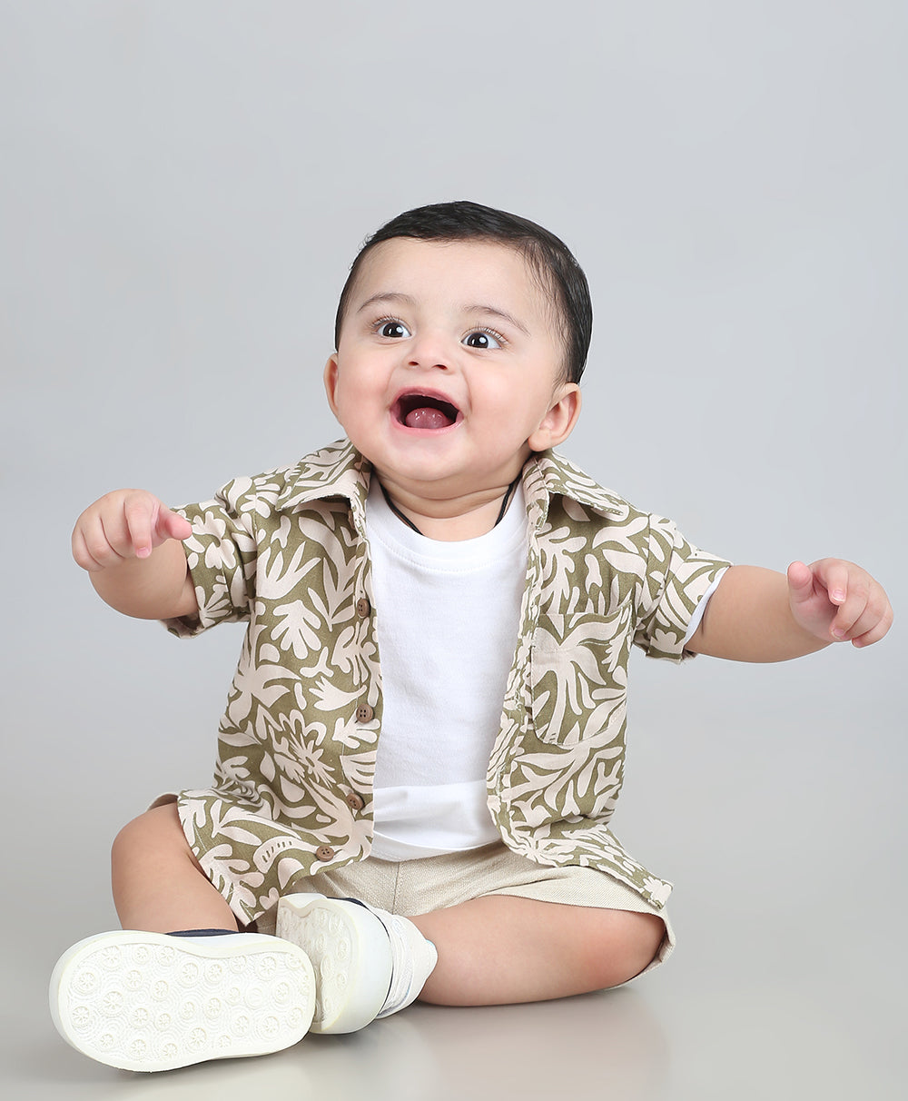 Baby Boys Tropical Bloom Cotton Co-ord Set - Olive & Beige