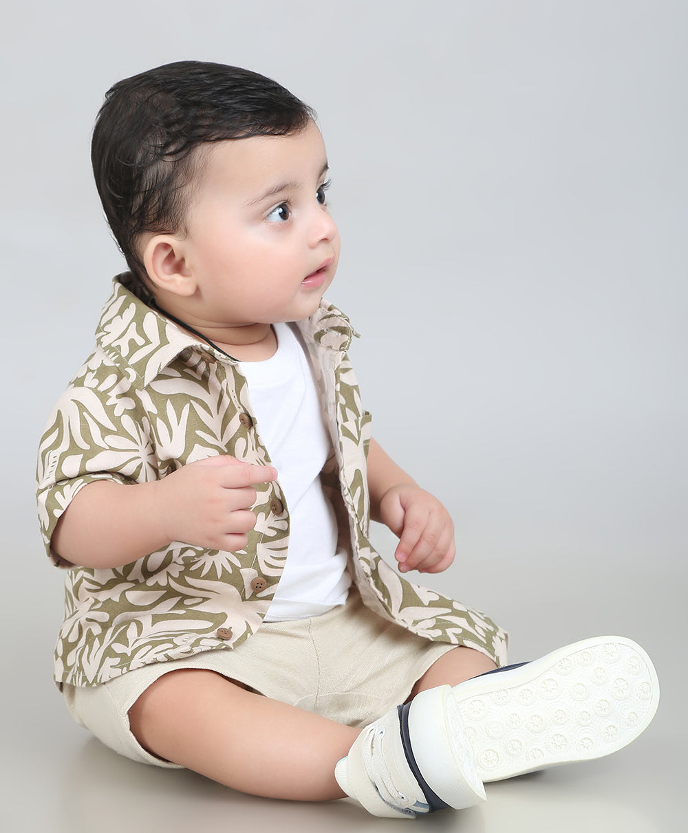 Baby Boys Tropical Bloom Cotton Co-ord Set - Olive & Beige