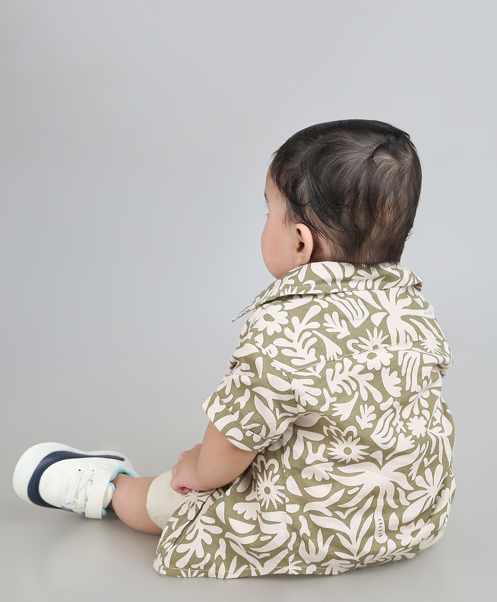 Baby Boys Tropical Bloom Cotton Co-ord Set - Olive & Beige