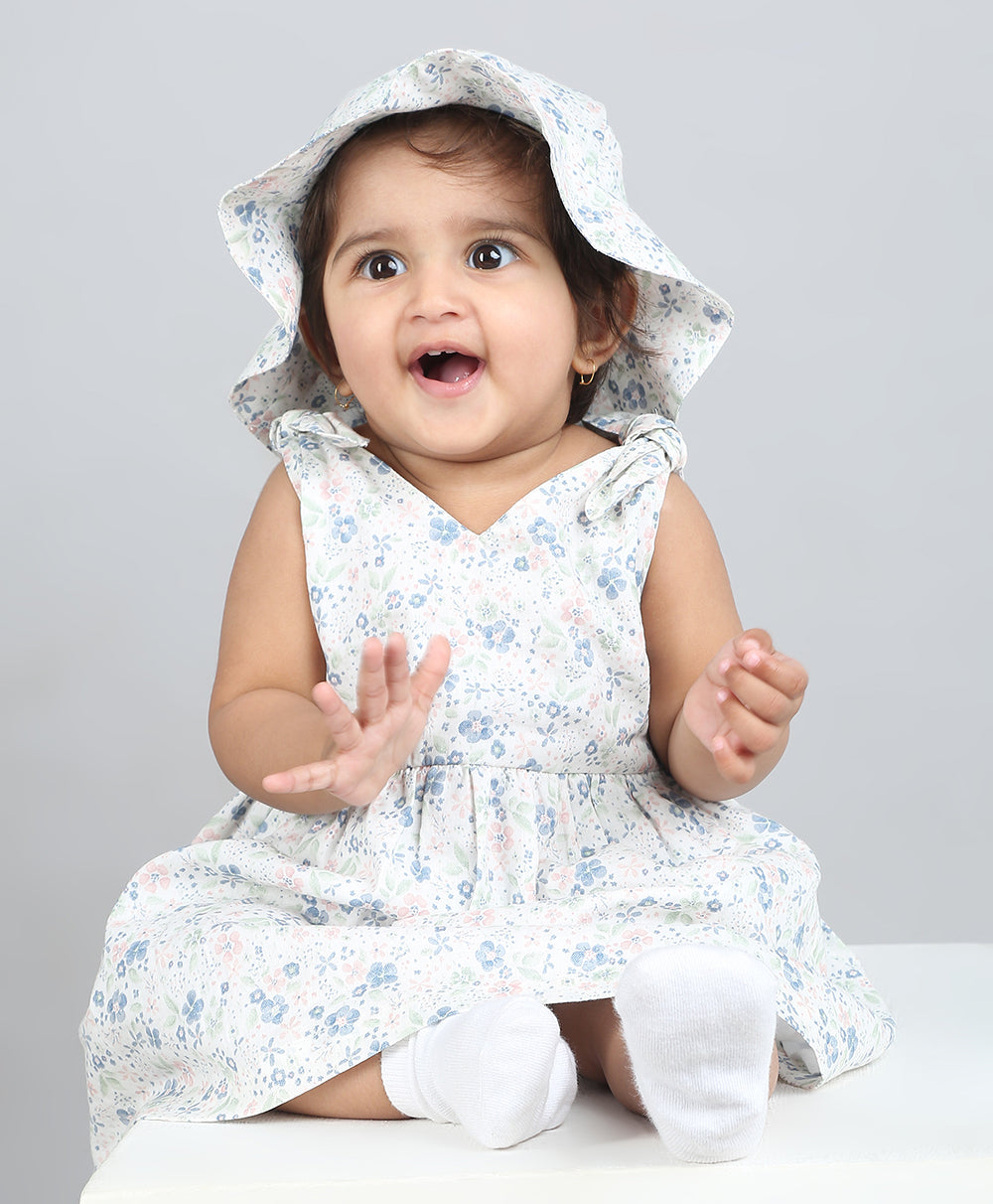 Blossom Breeze Organic Cotton Co-ord Set with A Hat - White