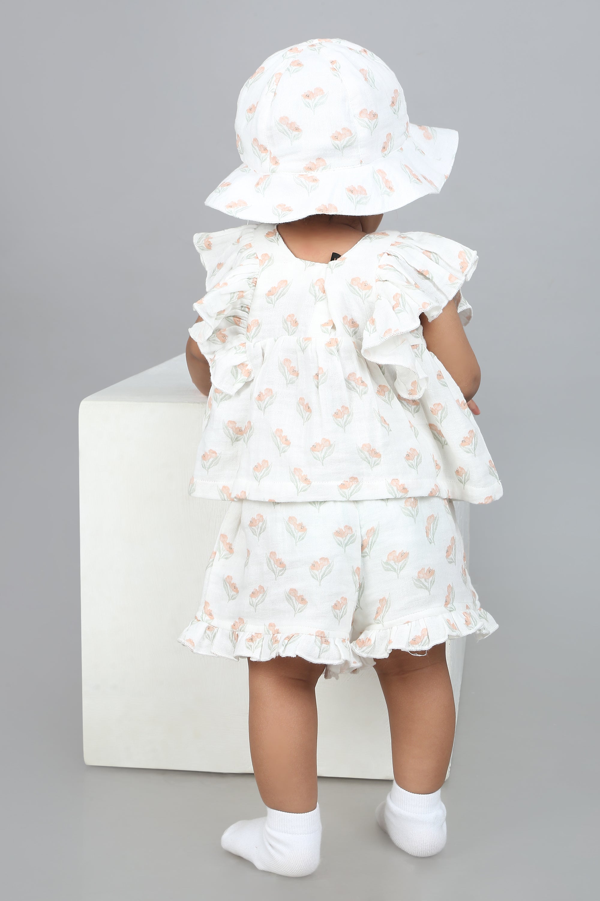 Blossom Breeze Organic Cotton Summer Co-ord White Set With A Hat - White