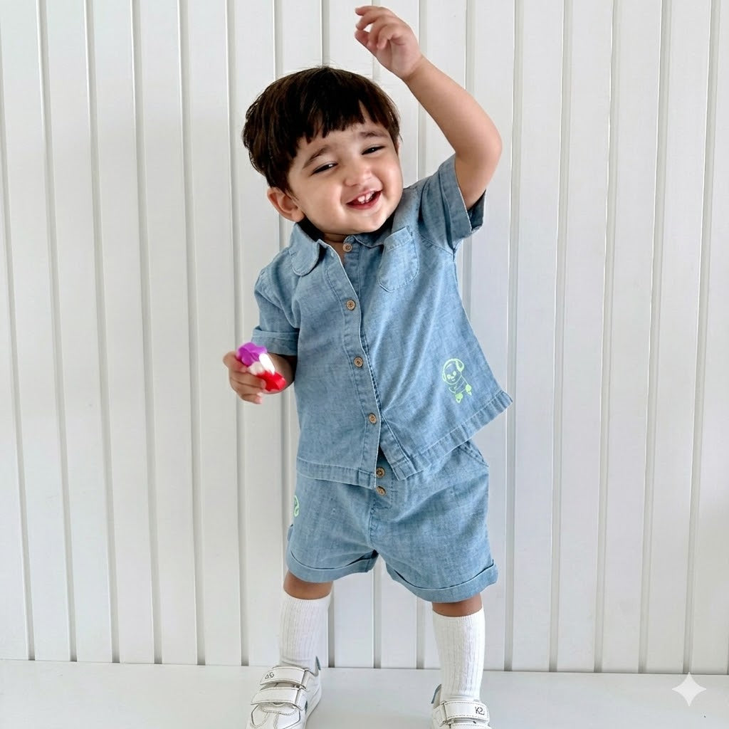 Cotton Denim Shirt & Shorts Co-ord Set - Blue