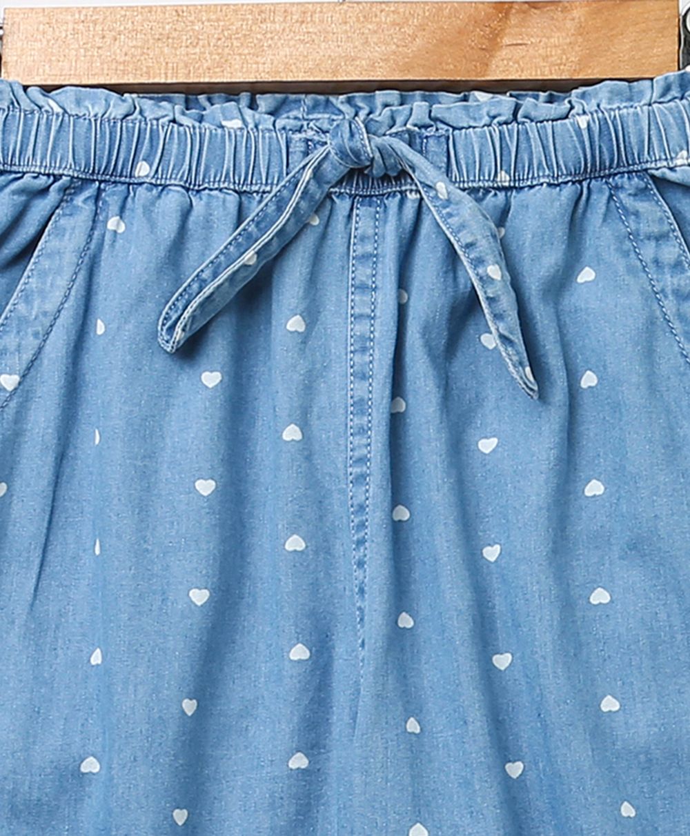 Cotton Denim Heart Printed Pants - Blue