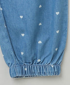 Cotton Denim Heart Printed Pants - Blue